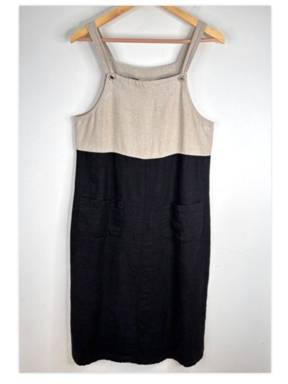 VTG 90s Studio Ease Black Tan Linen Dress S Jumper Pockets Lagenlook Minimalist